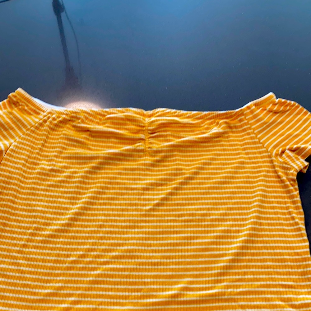Yellow with white stripes off shoulder crop top